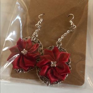 Red Poinsettia W Silver Diamond Christmas Earrings